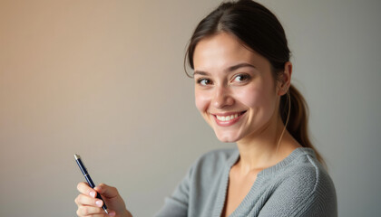 Naklejka premium A smiling young woman holds a pen suggesting ideas creativity or writing.