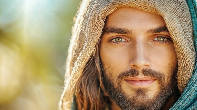 The close up of Jesus' face portrays a serene and compassionate expression, emanating a sense of peace and love.
