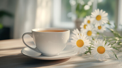 Warm cup of tea beside fresh daisies in a sunlit room during morning hours
