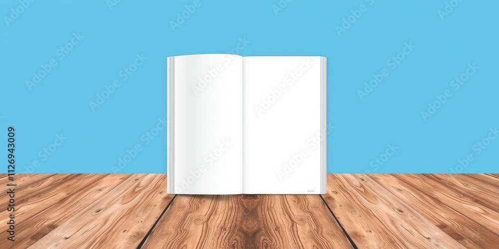 Poster a mockup of a landscape booklet open on a wooden surface with a blank page ready for customization, 