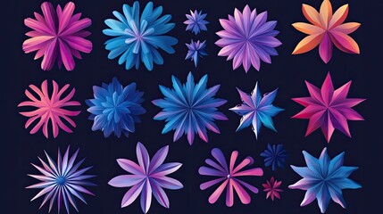 Colorful floral patterns on a dark background featuring various abstract flower designs in vibrant hues and unique shapes