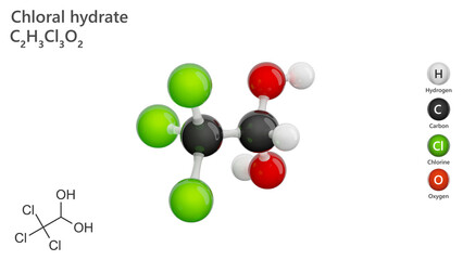 Molecule: Chloral Hydrate.General anaesthetic. Molecular structure. Formula: C2H3Cl3O2. Chemical model: Ball and stick. White background. 3D illustration