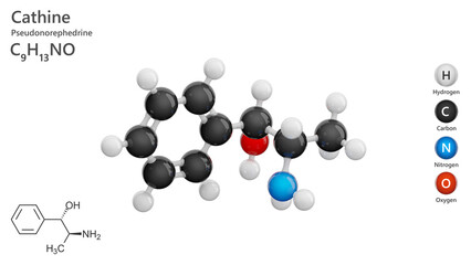 Molecule: Cathine. Stimulant. Molecular structure. Formula: C9H13NO. Chemical model: Ball and stick. White background. 3D illustration
