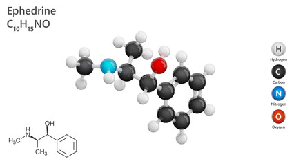 Molecule: Ephedrine. Stimulant. Molecular structure. Formula: C10H15NO. Chemical model: Ball and stick. White background. 3D illustration.