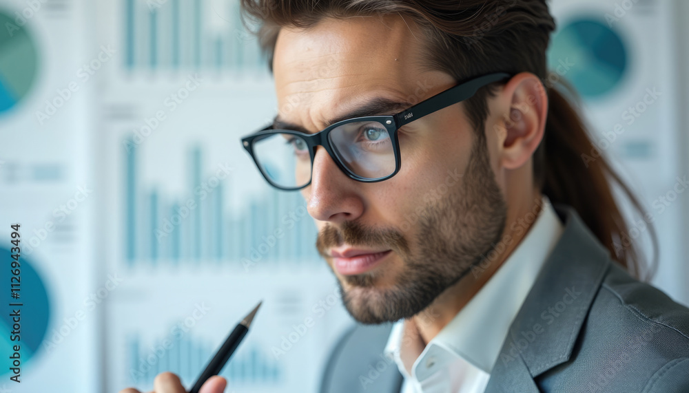 Poster a focused businessman analyzes charts and graphs thoughtfully considering data with a pen in hand.