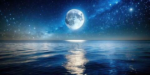 Serene Night Sky Full Moon Ocean Reflection Tilt-Shift Photography - Calm Waters Starscape