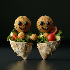 Adorable Wrap Characters with Fresh Ingredients and Falafel Balls
