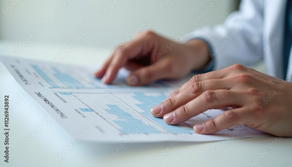 Poster close up of hands reviewing sales performance data with charts and graphs.