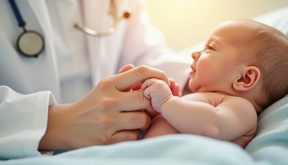 A doctor gently holds the hand of a newborn baby a symbol of care and new life.