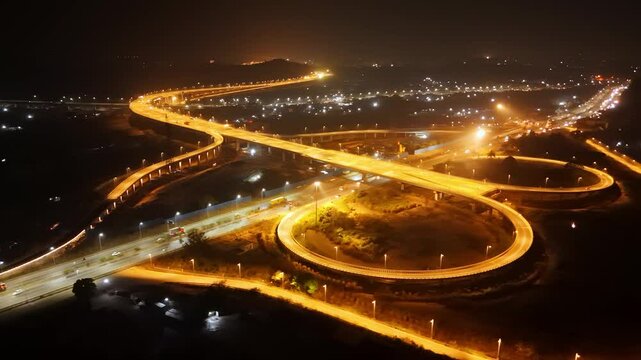 Drone view complex illuminated bridges