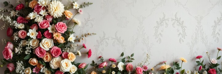Artificial vintage style flowers wall background for events, weddings, floral decor, texture, events, decor, texture