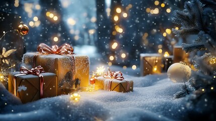 Soft glowing holiday presents surrounded by festive snowy decorations