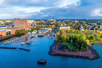 A view from a ship over the town and port of Charlottetown, Prince Edward Island, Canada in the fall
