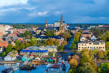 A view from a ship towards the historic centre of Charlottetown, Prince Edward Island, Canada in...