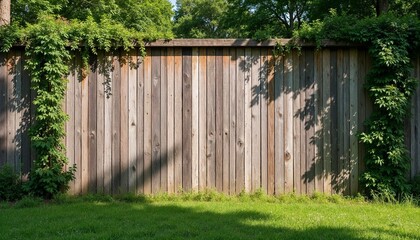Naklejka premium Mockup of a wooden fence with climbing green plants and a grassy lawn in sunlight