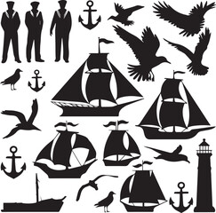 Sailor and sea elements vector silhouette