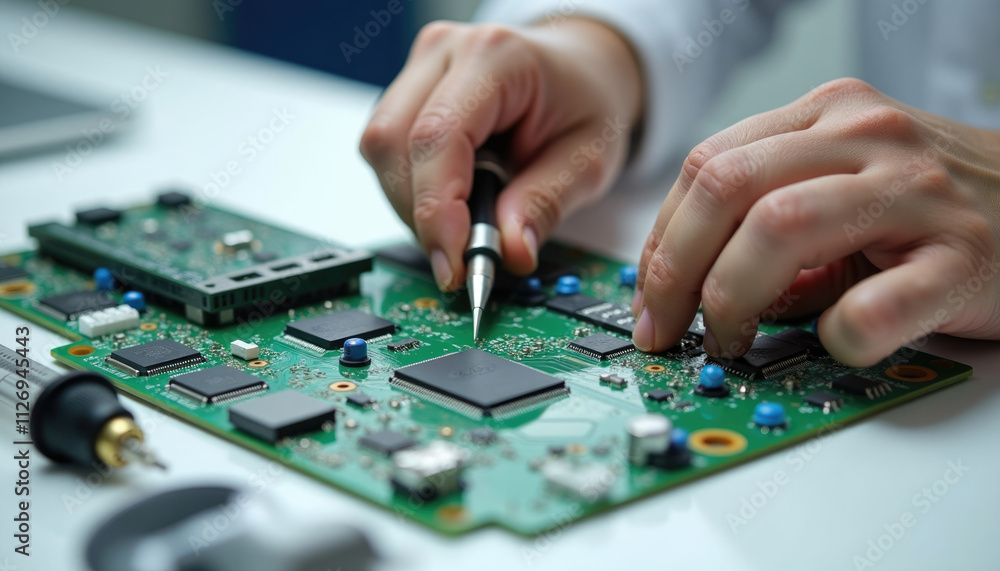 Poster close up of technician meticulously installing microchips onto a printed circuit board.