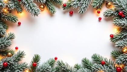 Bright white central space surrounded by frosted pine branches adorned with miniature bells, red berries, and soft glowing lights, creating a warm and joyful design