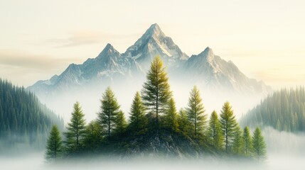 Fototapeta premium A serene, majestic mountain range with grand peaks, rugged cliffs, and lush forests depicted against a simple white background