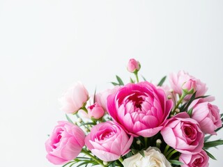 Fototapeta premium Beautiful fresh pink peonies and roses bouquet with space for text, arrangement, bouquet