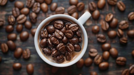 Fototapeta premium Coffee beans in a white cup on rustic wooden table