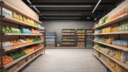 Fototapeta premium Supermarket Aesthetics, fruit and berries on the shelves. Graphic design 3D