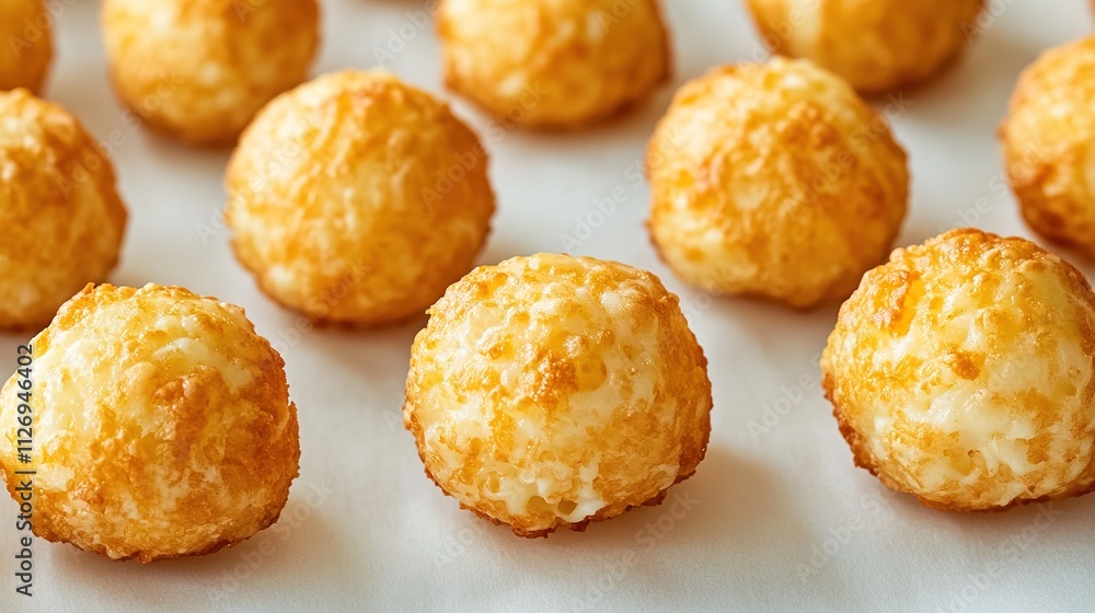 Poster close-up of crispy cheese puffs neatly aligned on smooth white background under diffused lighting