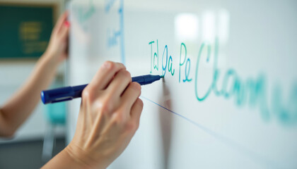 A person writing 'Tal ga Pe Cleans' on a whiteboard using a blue marker.