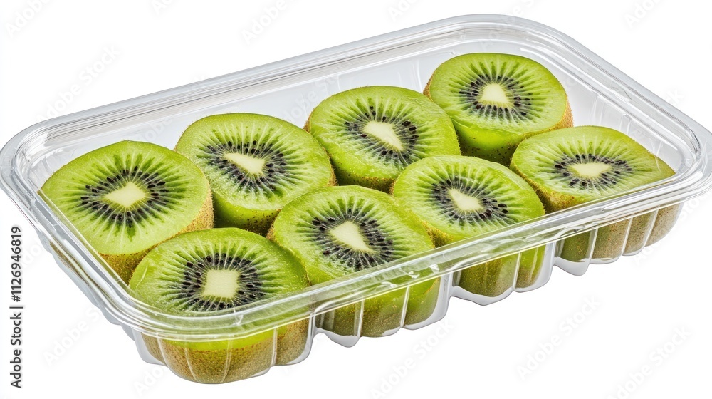 Aufkleber a clear container filled with sliced kiwi fruit arranged neatly for display and consumption.