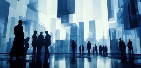 Silhouetted figures in a futuristic urban environment with glass structures.