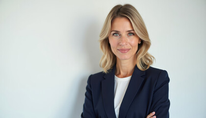 Confident blonde businesswoman in a navy blue blazer  smiling gently against a white background.