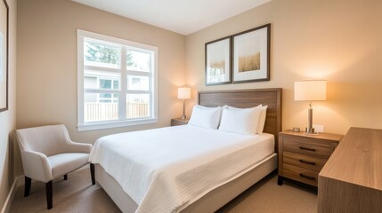 Fototapeta premium Cozy and Modern Bedroom Interior Design with Natural Light and Minimalist Decor Style in Earthy Tones