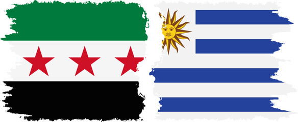 Uruguay and Syrian Revolution grunge flags connection, vector