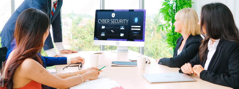 Poster cyber security system on computer screen protect private information snugly from hacker and cyber at