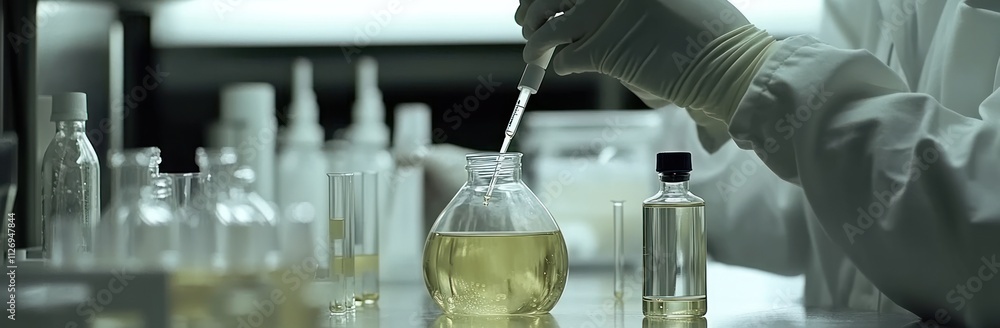 Poster a scientist using a pipette to transfer liquid in a laboratory setting.