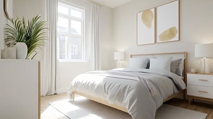 Fototapeta premium Elegant and Minimalist Bedroom with Natural Light, Soft Textiles, Green Plant, Wall Art and Neat Furniture Design
