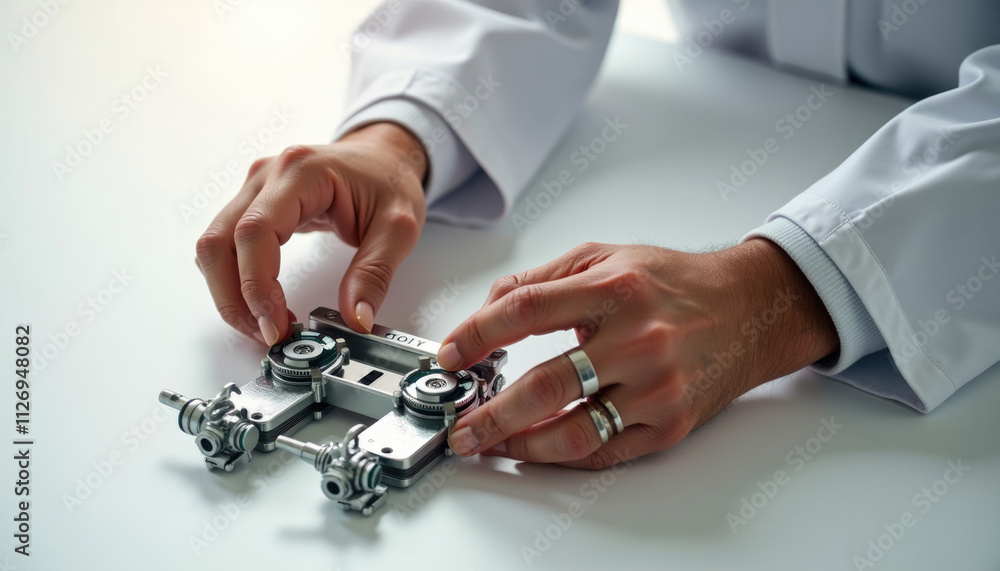 Poster scientist adjusts complex metallic device in lab coat.