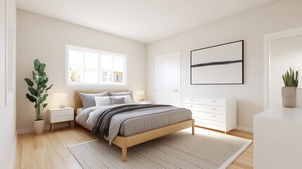 Fototapeta premium Modern minimalist bedroom interior design with natural light and stylish furnishings creating a serene atmosphere