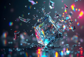 A shattered prism floats in mid-air, its fragments suspended and radiating rainbow beams. Volumetric lighting enhances its vibrant hues, symbolizing balance emerging from chaos in abstract form.
