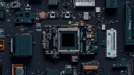 Fototapeta premium Close-up of computer components on a dark surface.