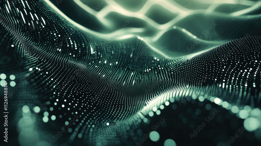 Poster abstract digital landscape with flowing waves and luminous particles.