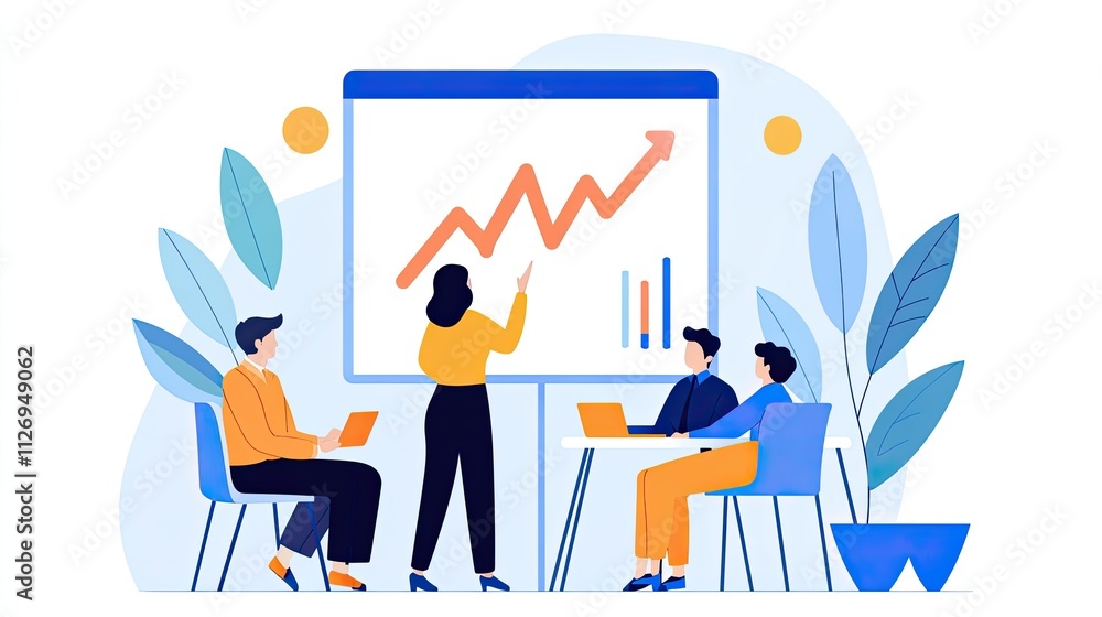 Poster group of professionals discussing business growth trends during a meeting with charts and graphs on 