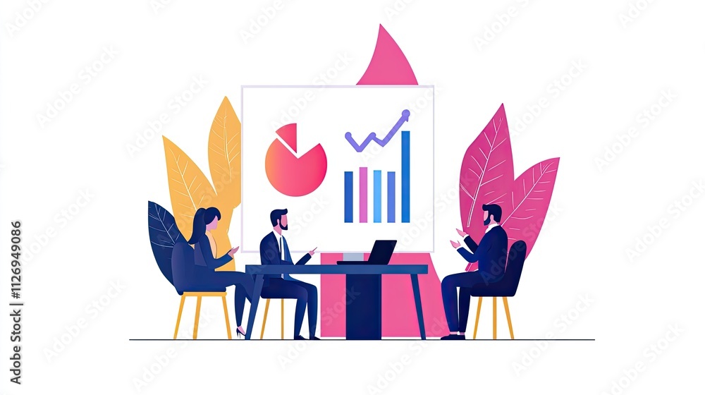 Poster modern business meeting with presentation and data analysis in office environment surrounded by colo