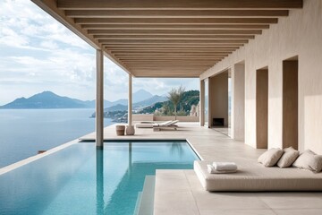 Fototapeta premium Modern villa with a pool overlooking a serene landscape and mountains.