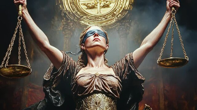 Powerful lady figure symbolizing justice, hold scales in each hand. Fairness moral balance. Blindfolded goddess weighs good bad deeds. After life concept. People verdict Everyone get what they deserve