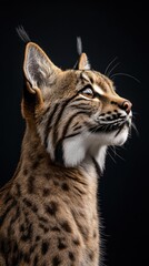 Obraz premium A close-up portrait of a lynx gazing upward against a dark background.