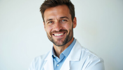 A smiling male doctor in a white coat exudes confidence and professionalism.