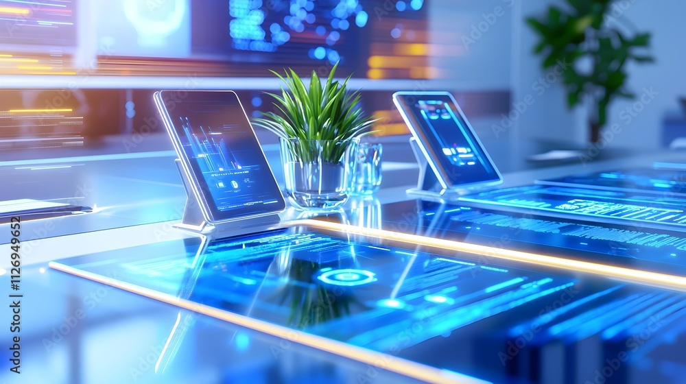 Poster a table with a plant on it and a computer monitor