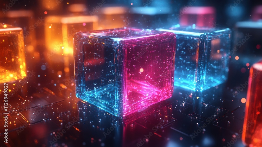 Poster abstract animation of dark colorful background with glass cubes looping video 3d rende