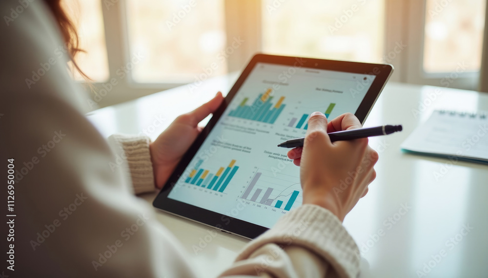 Poster a woman analyzes business data displayed as bar and line graphs on her tablet using a stylus.